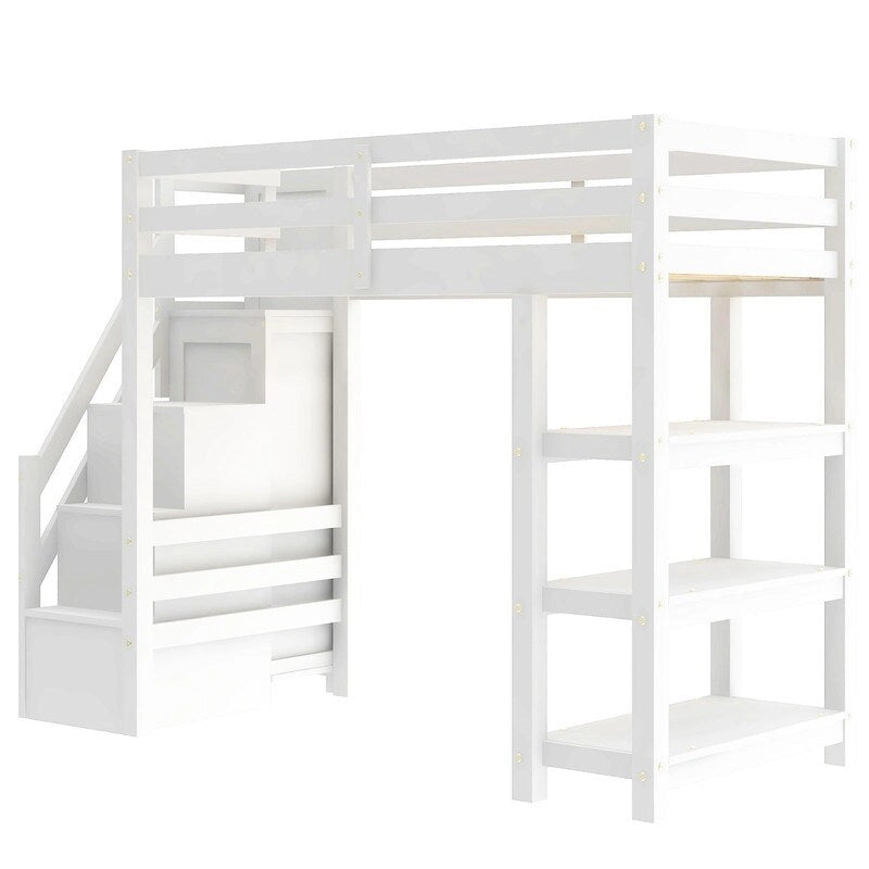 Cama Alta Individual/Matrimonial con Armario Pequeño, Luz LED y Escalera con Almacenamiento, Estructura de Cama Alta de Madera con Estantes de Almacenamiento para Niños