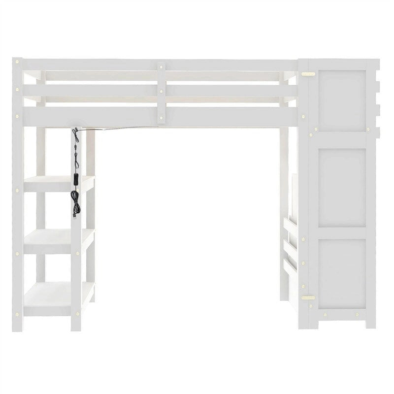 Cama Alta Individual/Matrimonial con Armario Pequeño, Luz LED y Escalera con Almacenamiento, Estructura de Cama Alta de Madera con Estantes de Almacenamiento para Niños