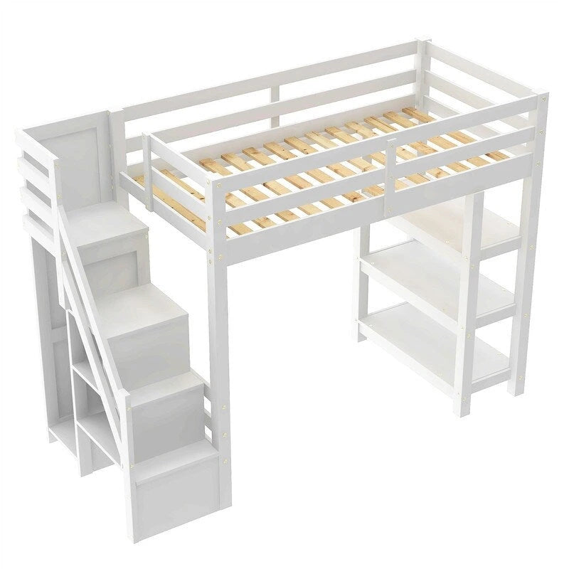 Cama Alta Individual/Matrimonial con Armario Pequeño, Luz LED y Escalera con Almacenamiento, Estructura de Cama Alta de Madera con Estantes de Almacenamiento para Niños