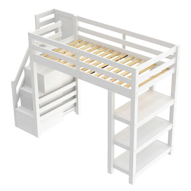 Cama Alta Individual/Matrimonial con Armario Pequeño, Luz LED y Escalera con Almacenamiento, Estructura de Cama Alta de Madera con Estantes de Almacenamiento para Niños