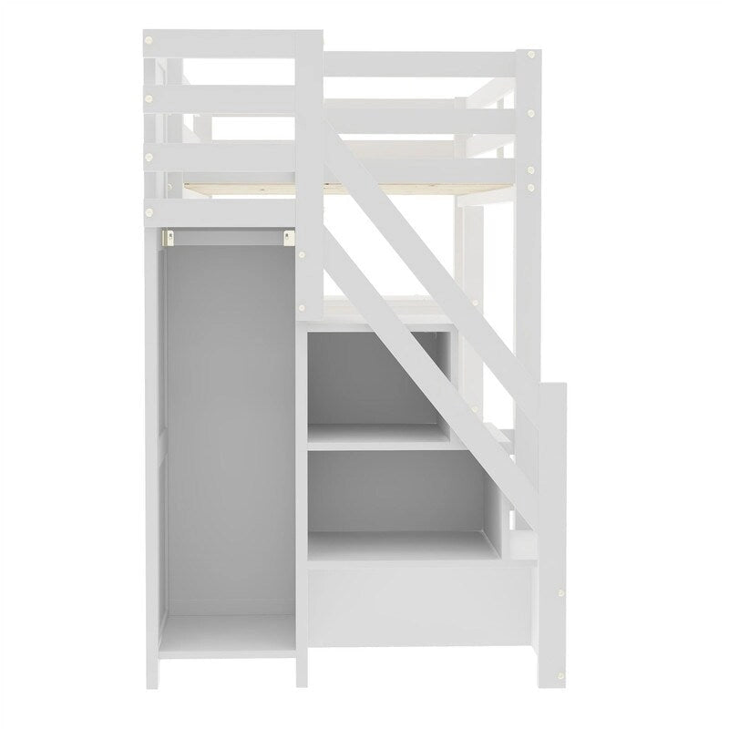 Cama Alta Individual/Matrimonial con Armario Pequeño, Luz LED y Escalera con Almacenamiento, Estructura de Cama Alta de Madera con Estantes de Almacenamiento para Niños