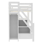 Cama Alta Individual/Matrimonial con Armario Pequeño, Luz LED y Escalera con Almacenamiento, Estructura de Cama Alta de Madera con Estantes de Almacenamiento para Niños