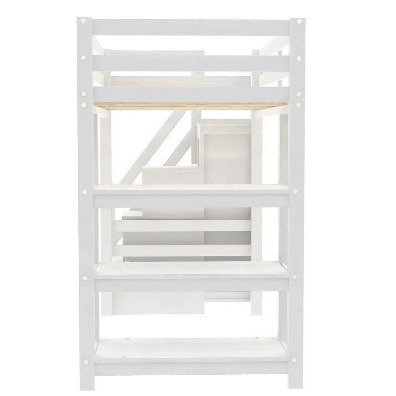 Cama Alta Individual/Matrimonial con Armario Pequeño, Luz LED y Escalera con Almacenamiento, Estructura de Cama Alta de Madera con Estantes de Almacenamiento para Niños