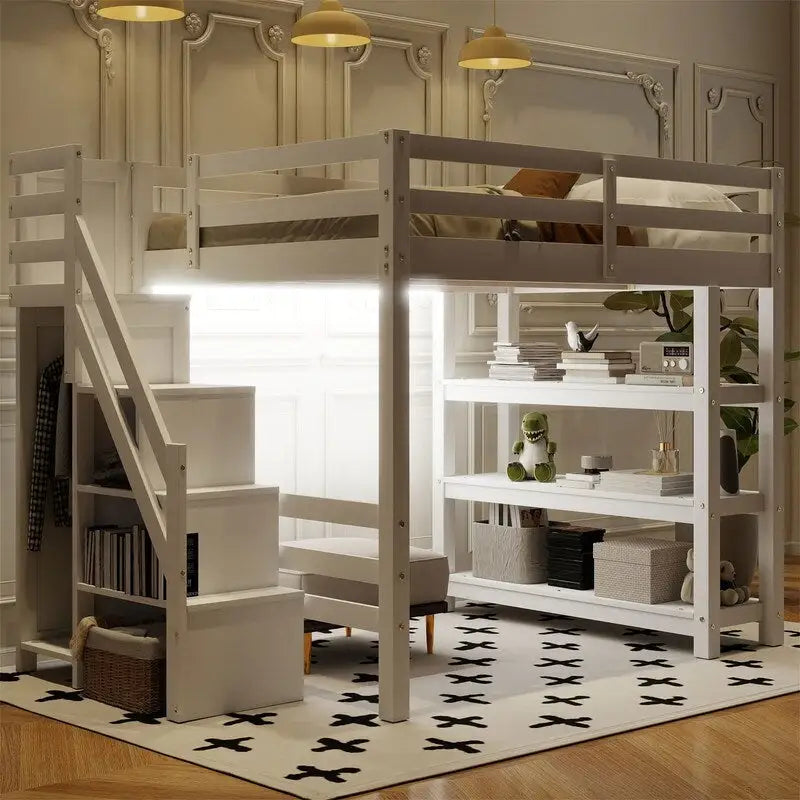 Cama Alta Individual/Matrimonial con Armario Pequeño, Luz LED y Escalera con Almacenamiento, Estructura de Cama Alta de Madera con Estantes de Almacenamiento para Niños