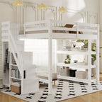 Cama Alta Individual/Matrimonial con Armario Pequeño, Luz LED y Escalera con Almacenamiento, Estructura de Cama Alta de Madera con Estantes de Almacenamiento para Niños
