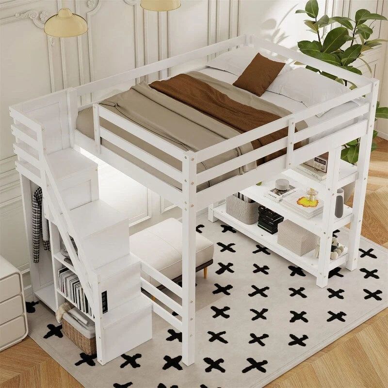 Cama Alta Individual/Matrimonial con Armario Pequeño, Luz LED y Escalera con Almacenamiento, Estructura de Cama Alta de Madera con Estantes de Almacenamiento para Niños