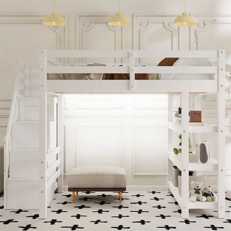 Cama Alta Individual/Matrimonial con Armario Pequeño, Luz LED y Escalera con Almacenamiento, Estructura de Cama Alta de Madera con Estantes de Almacenamiento para Niños