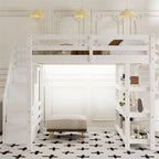 Cama Alta Individual/Matrimonial con Armario Pequeño, Luz LED y Escalera con Almacenamiento, Estructura de Cama Alta de Madera con Estantes de Almacenamiento para Niños