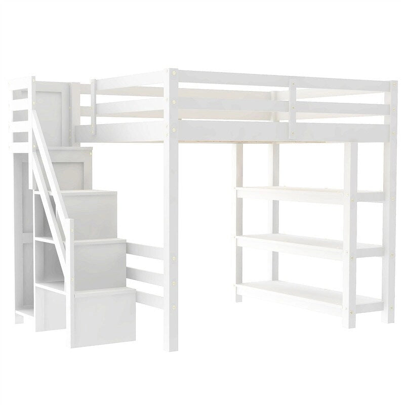 Cama Alta Individual/Matrimonial con Armario Pequeño, Luz LED y Escalera con Almacenamiento, Estructura de Cama Alta de Madera con Estantes de Almacenamiento para Niños