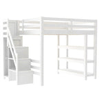 Cama Alta Individual/Matrimonial con Armario Pequeño, Luz LED y Escalera con Almacenamiento, Estructura de Cama Alta de Madera con Estantes de Almacenamiento para Niños