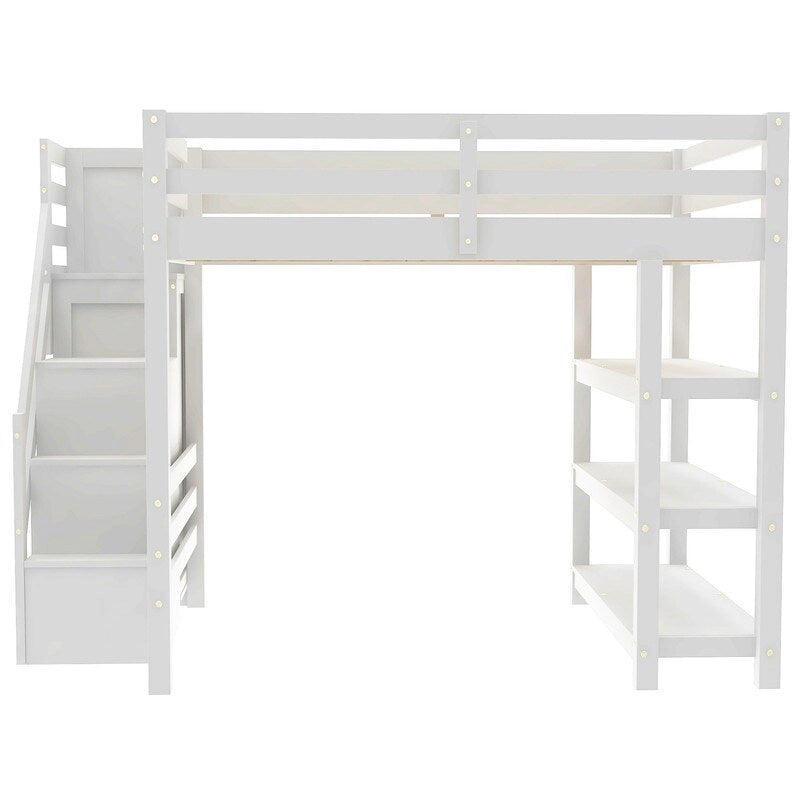 Cama Alta Individual/Matrimonial con Armario Pequeño, Luz LED y Escalera con Almacenamiento, Estructura de Cama Alta de Madera con Estantes de Almacenamiento para Niños