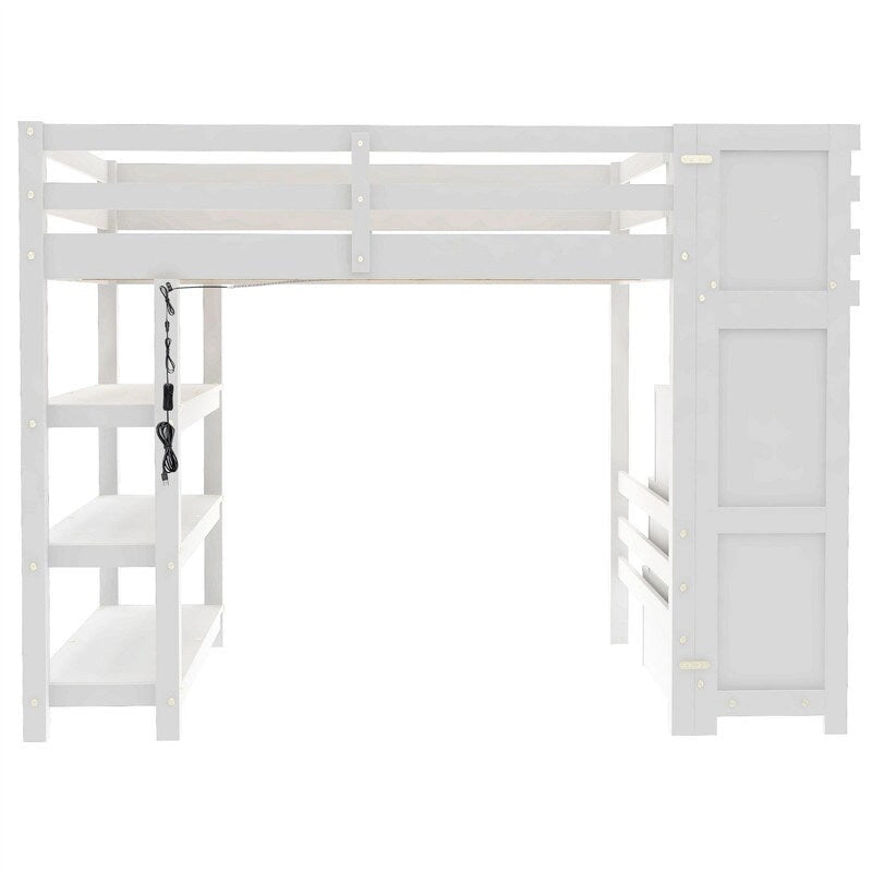 Cama Alta Individual/Matrimonial con Armario Pequeño, Luz LED y Escalera con Almacenamiento, Estructura de Cama Alta de Madera con Estantes de Almacenamiento para Niños
