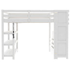 Cama Alta Individual/Matrimonial con Armario Pequeño, Luz LED y Escalera con Almacenamiento, Estructura de Cama Alta de Madera con Estantes de Almacenamiento para Niños