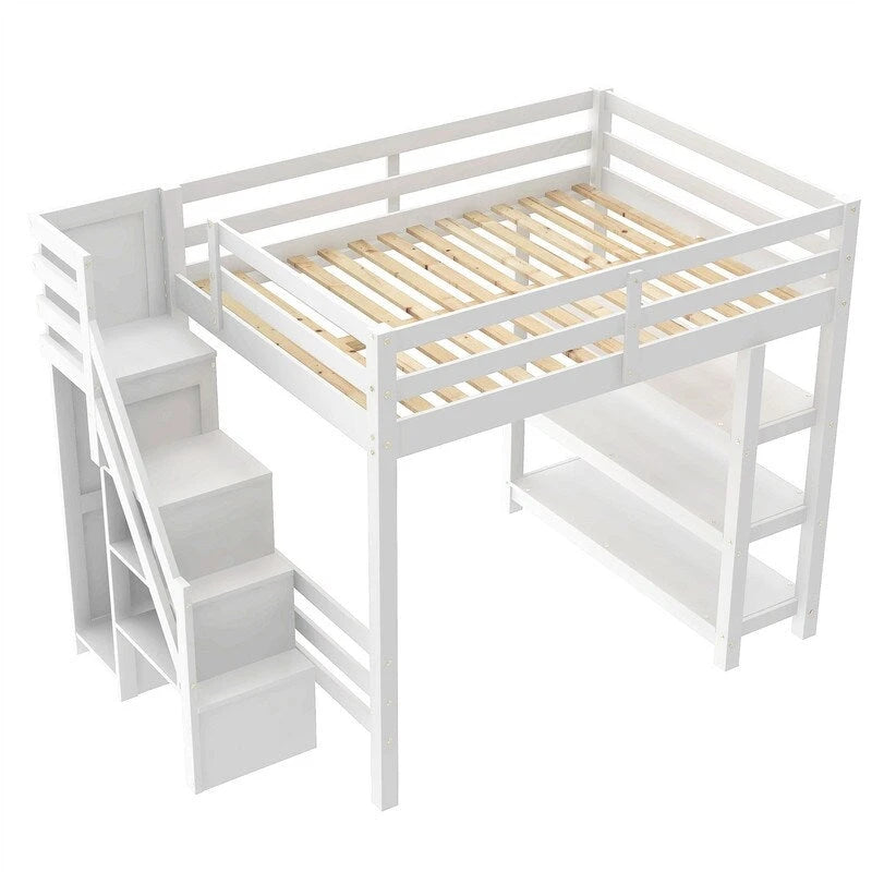 Cama Alta Individual/Matrimonial con Armario Pequeño, Luz LED y Escalera con Almacenamiento, Estructura de Cama Alta de Madera con Estantes de Almacenamiento para Niños