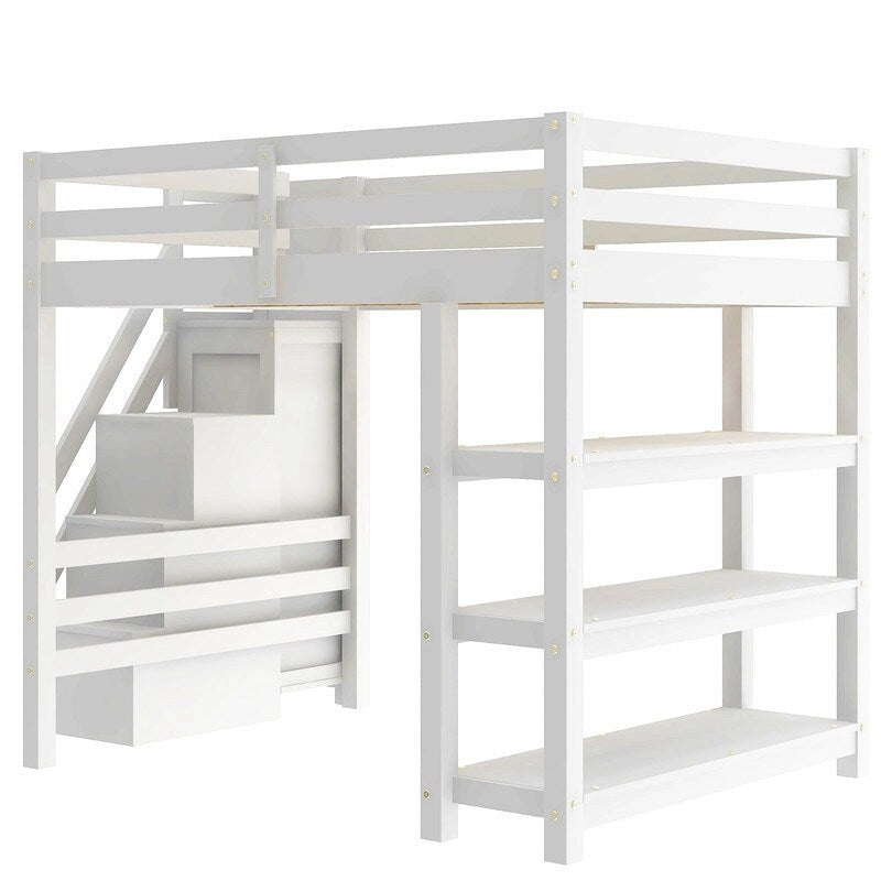 Cama Alta Individual/Matrimonial con Armario Pequeño, Luz LED y Escalera con Almacenamiento, Estructura de Cama Alta de Madera con Estantes de Almacenamiento para Niños