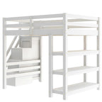 Cama Alta Individual/Matrimonial con Armario Pequeño, Luz LED y Escalera con Almacenamiento, Estructura de Cama Alta de Madera con Estantes de Almacenamiento para Niños