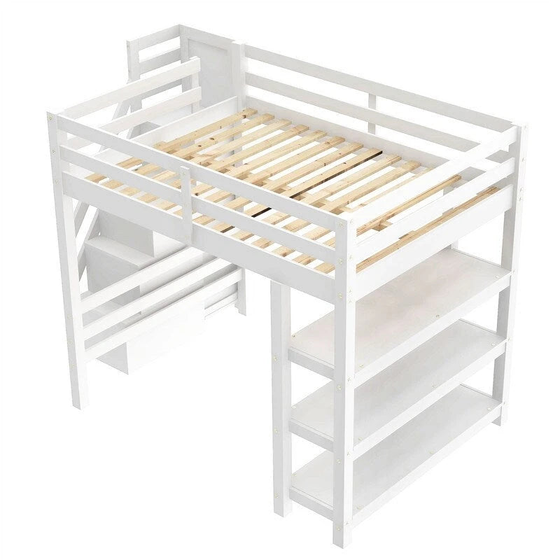 Cama Alta Individual/Matrimonial con Armario Pequeño, Luz LED y Escalera con Almacenamiento, Estructura de Cama Alta de Madera con Estantes de Almacenamiento para Niños