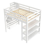 Cama Alta Individual/Matrimonial con Armario Pequeño, Luz LED y Escalera con Almacenamiento, Estructura de Cama Alta de Madera con Estantes de Almacenamiento para Niños