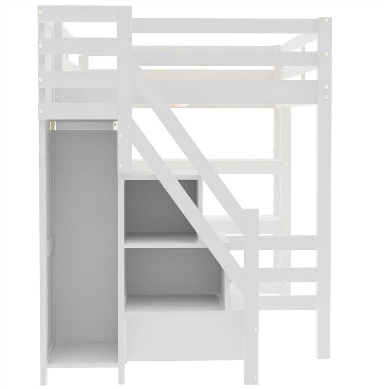 Cama Alta Individual/Matrimonial con Armario Pequeño, Luz LED y Escalera con Almacenamiento, Estructura de Cama Alta de Madera con Estantes de Almacenamiento para Niños