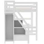 Cama Alta Individual/Matrimonial con Armario Pequeño, Luz LED y Escalera con Almacenamiento, Estructura de Cama Alta de Madera con Estantes de Almacenamiento para Niños