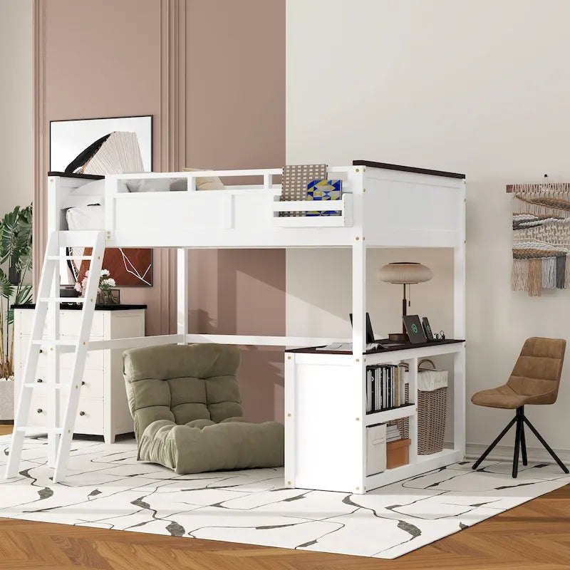 Cama Loft de Madera Tamaño Queen con Escritorio Incorporado y Estantes Abiertos, Estructura de Cama de Madera Maciza con Estación de Carga y Caja de Almacenamiento