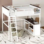 Cama Loft de Madera Tamaño Queen con Escritorio Incorporado y Estantes Abiertos, Estructura de Cama de Madera Maciza con Estación de Carga y Caja de Almacenamiento