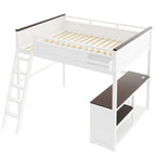 Cama Loft de Madera Tamaño Queen con Escritorio Incorporado y Estantes Abiertos, Estructura de Cama de Madera Maciza con Estación de Carga y Caja de Almacenamiento