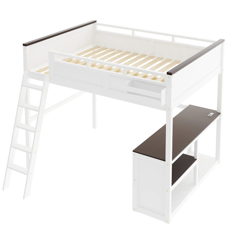 Cama Loft de Madera Tamaño Queen con Escritorio Incorporado y Estantes Abiertos, Estructura de Cama de Madera Maciza con Estación de Carga y Caja de Almacenamiento
