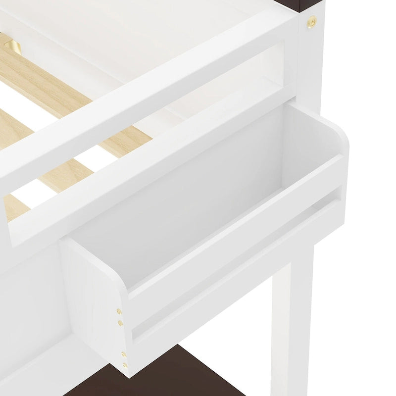 Cama Loft de Madera Tamaño Queen con Escritorio Incorporado y Estantes Abiertos, Estructura de Cama de Madera Maciza con Estación de Carga y Caja de Almacenamiento