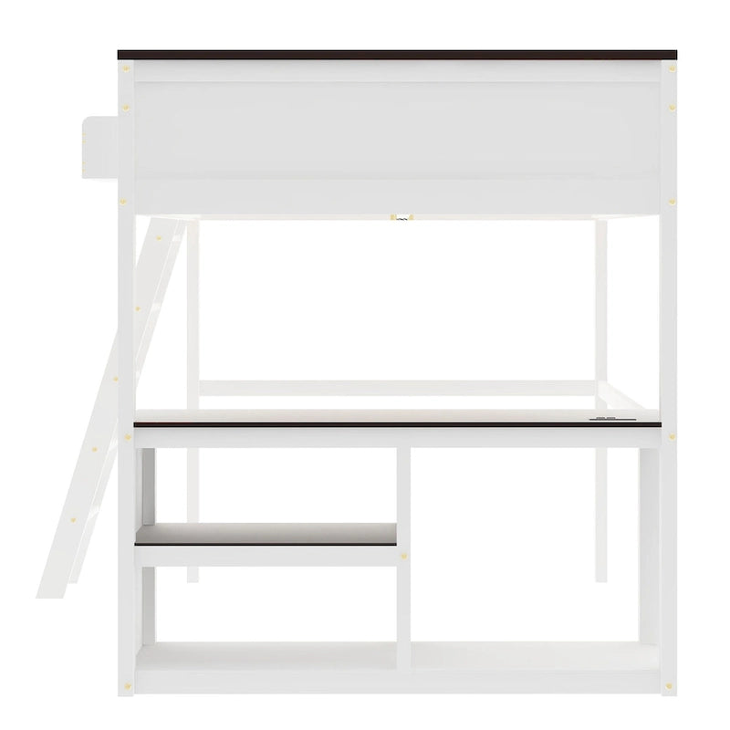 Cama Loft de Madera Tamaño Queen con Escritorio Incorporado y Estantes Abiertos, Estructura de Cama de Madera Maciza con Estación de Carga y Caja de Almacenamiento
