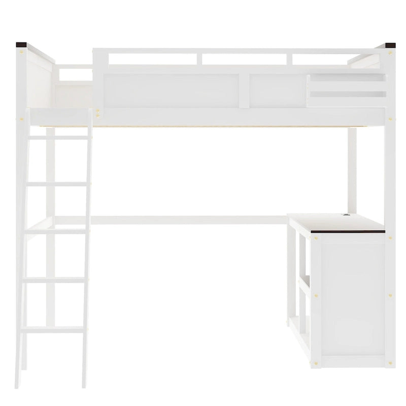 Cama Loft de Madera Tamaño Queen con Escritorio Incorporado y Estantes Abiertos, Estructura de Cama de Madera Maciza con Estación de Carga y Caja de Almacenamiento