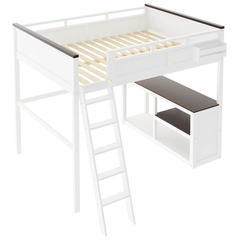 Cama Loft de Madera Tamaño Queen con Escritorio Incorporado y Estantes Abiertos, Estructura de Cama de Madera Maciza con Estación de Carga y Caja de Almacenamiento