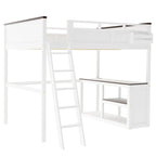 Cama Loft de Madera Tamaño Queen con Escritorio Incorporado y Estantes Abiertos, Estructura de Cama de Madera Maciza con Estación de Carga y Caja de Almacenamiento
