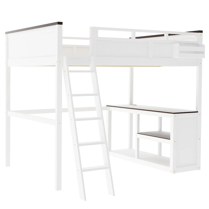 Cama Loft de Madera Tamaño Queen con Escritorio Incorporado y Estantes Abiertos, Estructura de Cama de Madera Maciza con Estación de Carga y Caja de Almacenamiento