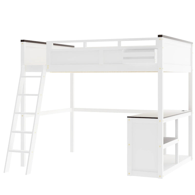 Cama Loft de Madera Tamaño Queen con Escritorio Incorporado y Estantes Abiertos, Estructura de Cama de Madera Maciza con Estación de Carga y Caja de Almacenamiento