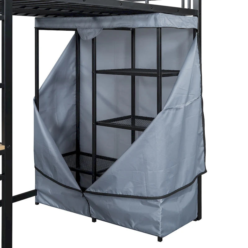 Cama loft individual de metal con escritorio, estantes, toma de corriente, luz LED y armario, blanca