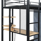 Cama loft individual de metal con escritorio, estantes, toma de corriente, luz LED y armario, blanca