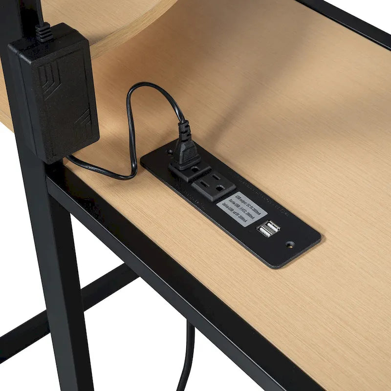Cama loft individual de metal con escritorio, estantes, toma de corriente, luz LED y armario, blanca