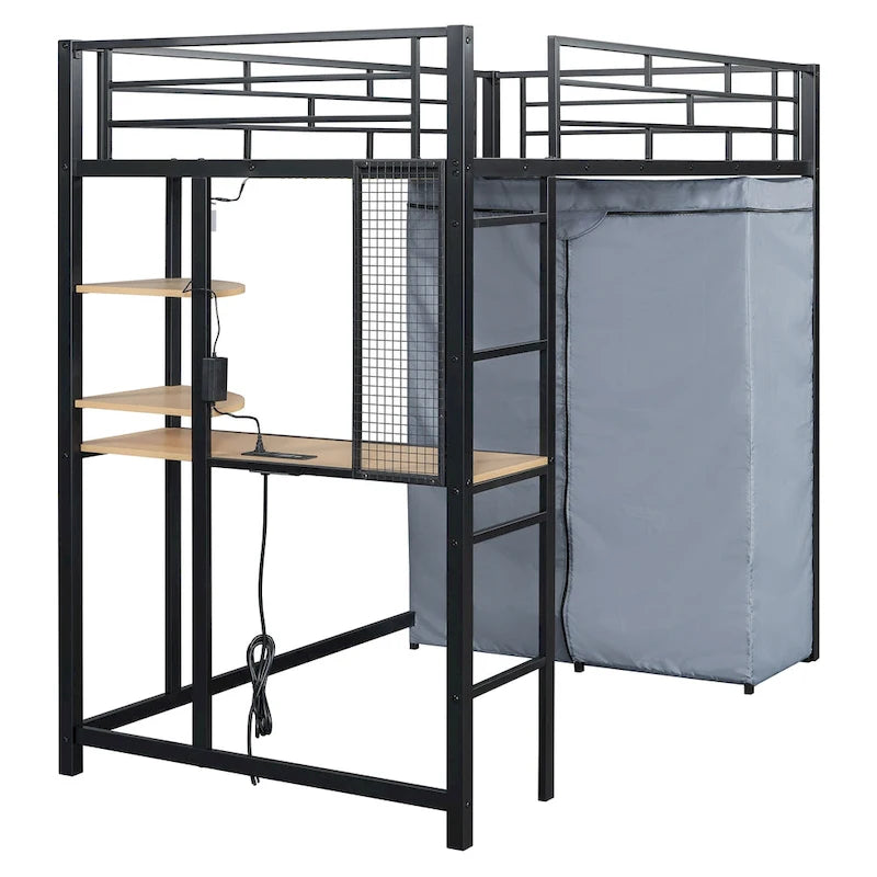 Cama loft individual de metal con escritorio, estantes, toma de corriente, luz LED y armario, blanca