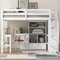 Cama alta de madera con escritorio en forma de L y 4 cajones, estructura de cama de tamaño matrimonial para niños con armario y escalera de almacenamiento para dormitorio