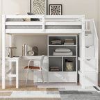 Cama alta de madera con escritorio en forma de L y 4 cajones, estructura de cama de tamaño matrimonial para niños con armario y escalera de almacenamiento para dormitorio