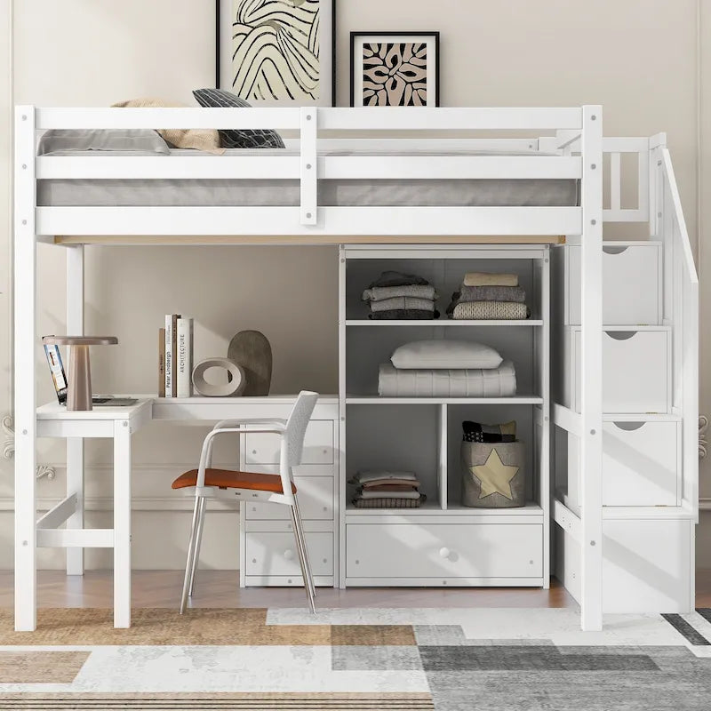Cama alta de madera con escritorio en forma de L y 4 cajones, estructura de cama de tamaño matrimonial para niños con armario y escalera de almacenamiento para dormitorio