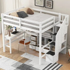 Wood Storage Loft Bed with L-Shaped Desk and 4 Drawers, Full Size Kids Bed Frame with Cabinet & Storage Staircase for Bedroom