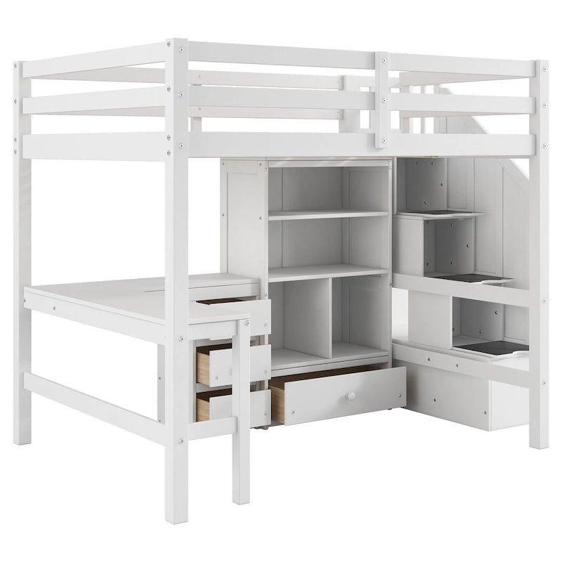 Cama alta de madera con escritorio en forma de L y 4 cajones, estructura de cama de tamaño matrimonial para niños con armario y escalera de almacenamiento para dormitorio