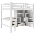 Cama alta de madera con escritorio en forma de L y 4 cajones, estructura de cama de tamaño matrimonial para niños con armario y escalera de almacenamiento para dormitorio