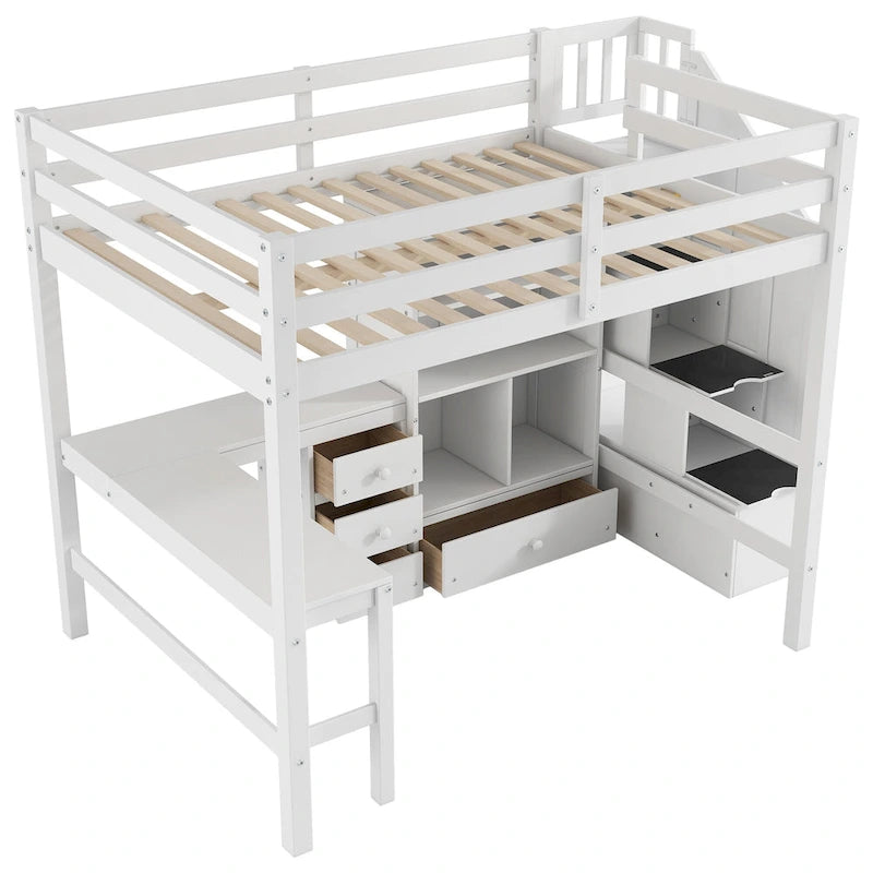 Cama alta de madera con escritorio en forma de L y 4 cajones, estructura de cama de tamaño matrimonial para niños con armario y escalera de almacenamiento para dormitorio