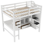 Cama alta de madera con escritorio en forma de L y 4 cajones, estructura de cama de tamaño matrimonial para niños con armario y escalera de almacenamiento para dormitorio