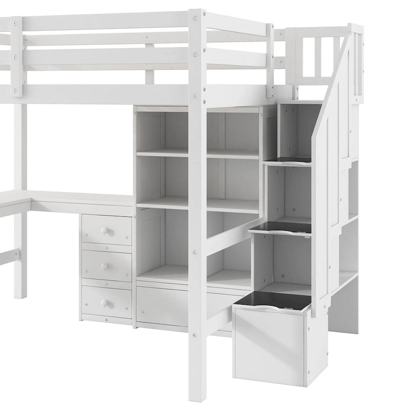 Cama alta de madera con escritorio en forma de L y 4 cajones, estructura de cama de tamaño matrimonial para niños con armario y escalera de almacenamiento para dormitorio