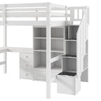 Cama alta de madera con escritorio en forma de L y 4 cajones, estructura de cama de tamaño matrimonial para niños con armario y escalera de almacenamiento para dormitorio