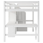 Cama alta de madera con escritorio en forma de L y 4 cajones, estructura de cama de tamaño matrimonial para niños con armario y escalera de almacenamiento para dormitorio